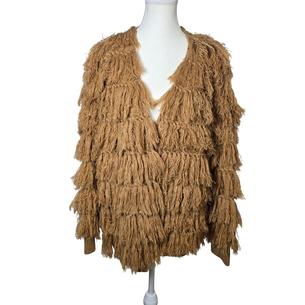 ANDTHEWHY Tan Brown Knit‎ Fringe Cardigan Sweater Women's M L